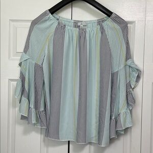 GUC Fever striped top bell sleeves XL light blue, yellow, navy blue stripe